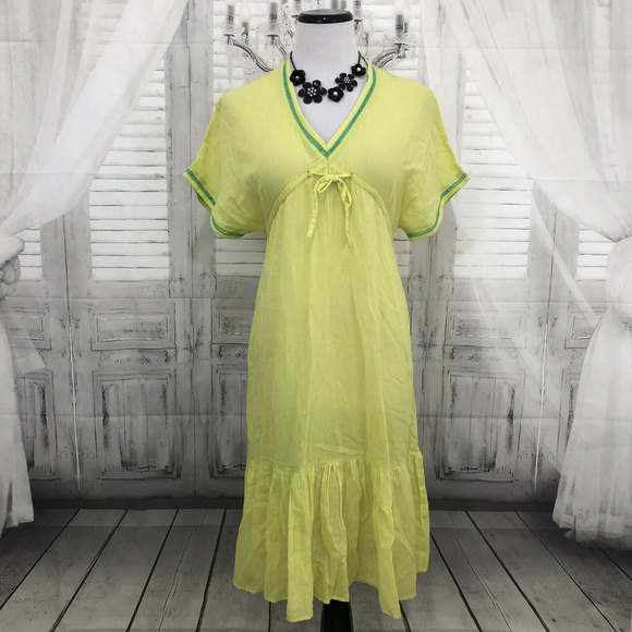 Roberta Freymann Yellow Green V Neck Cotton Dress - Picture 1 of 8